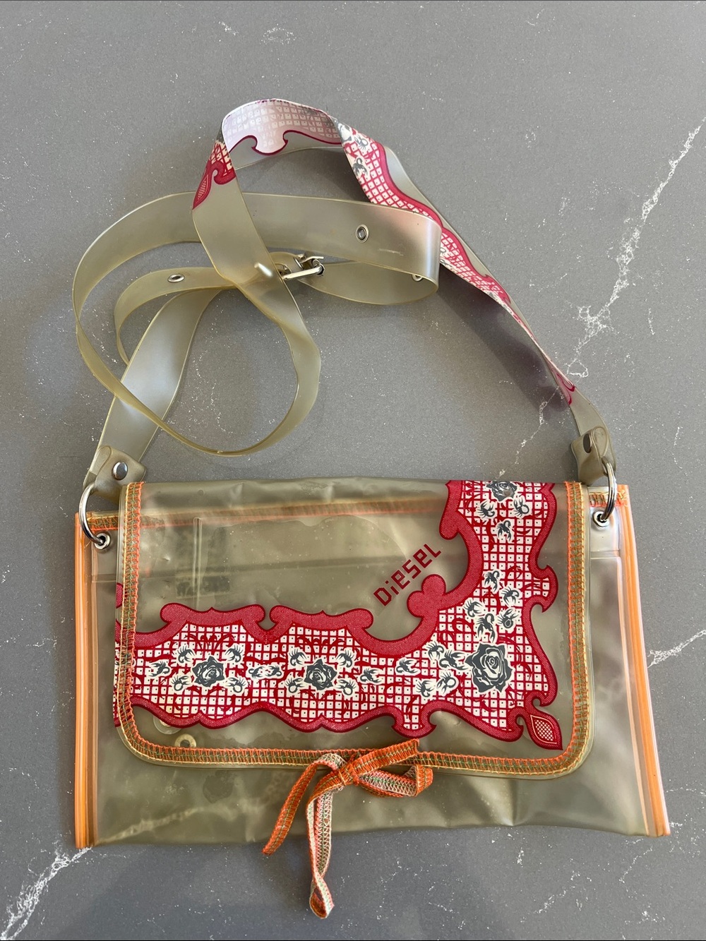 Pre-loved Diesel Transparent Crossbody with Red Floral Trim and Clear Panel